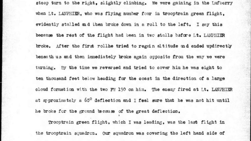 Het officiële verslag van 1e Luitenant John Markin over het luchtgevecht (Bron: Doc. '39-'45 HKD)