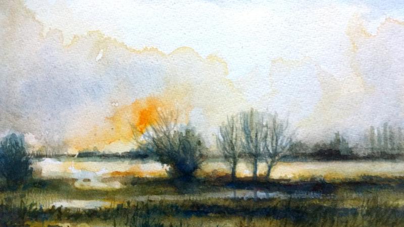 Uiterwaarden bij Kleine Veer, aquarel Sjoerdtje Hak