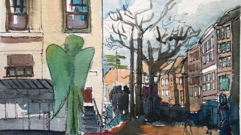 Grote Markt, aquarel Jettie van Aartsen, SketchCrawl Zwolle