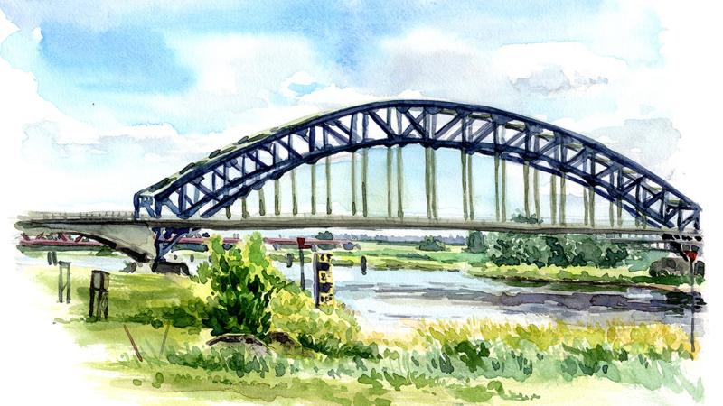 De oude IJsselbrug, aquarel Ron Wanders