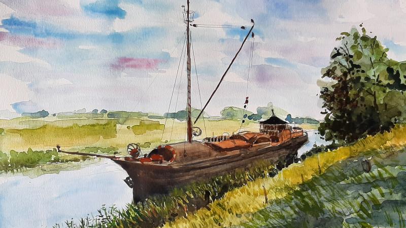 Woonboot, aquarel Willem Blok