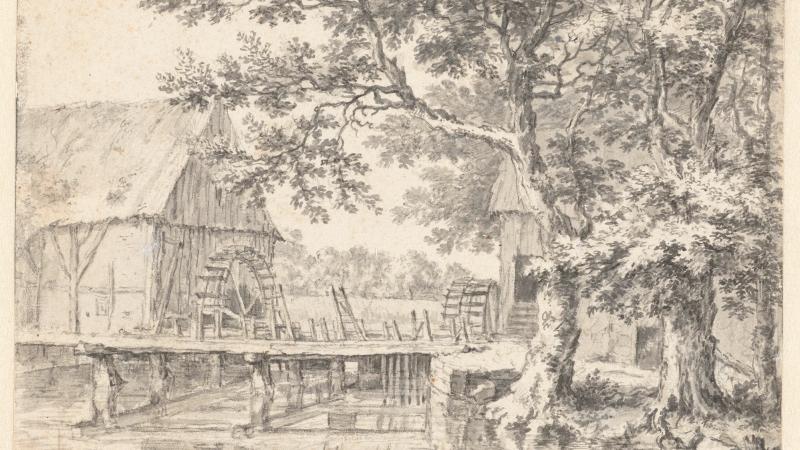 Twee watermolens aan weerszijden van een sluis, ca. 1660- 1670,