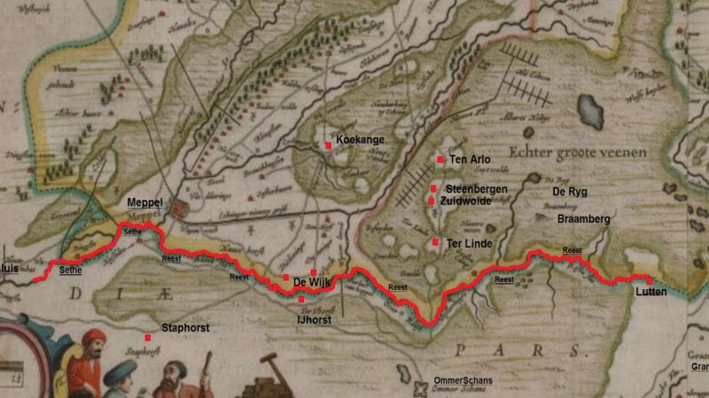 Verloop van de Reest (rode lijn) C. Pijnacker